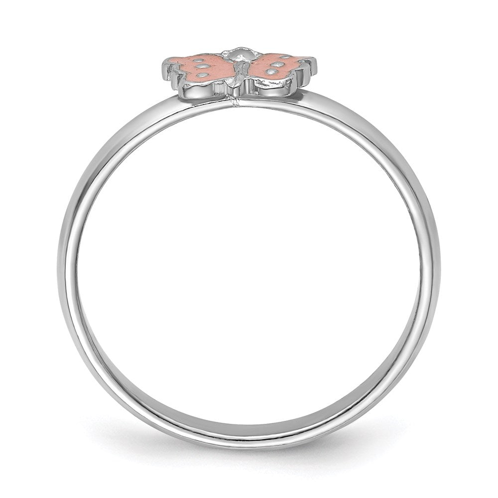 Sterling Silver RH-pltd Polished Pink Enameled Butterfly Ring
