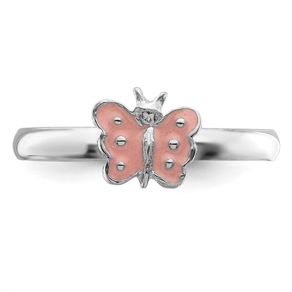 Sterling Silver RH-pltd Polished Pink Enameled Butterfly Ring