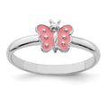 Sterling Silver RH-pltd Polished Pink Enameled Butterfly Ring