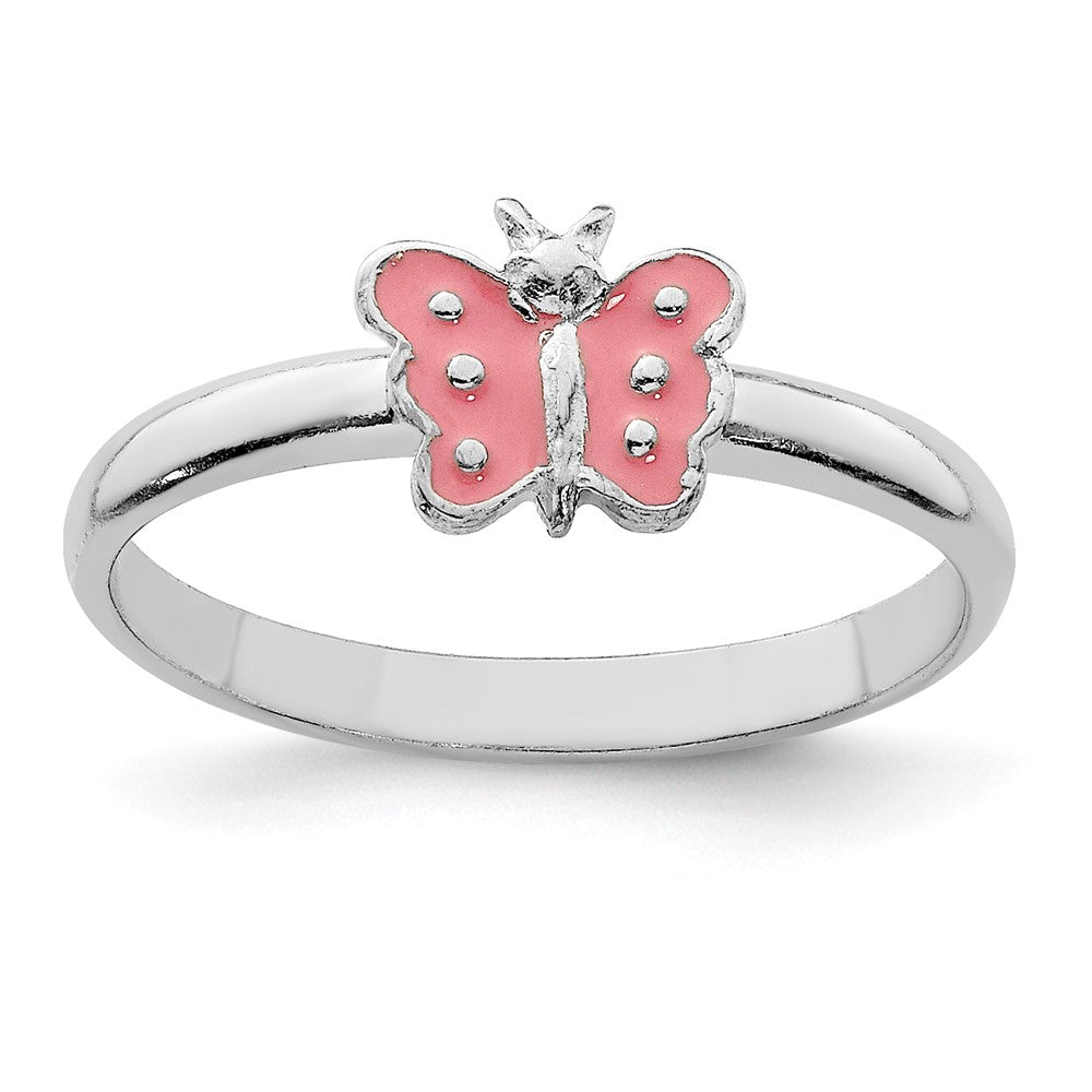 Sterling Silver RH-pltd Polished Pink Enameled Butterfly Ring