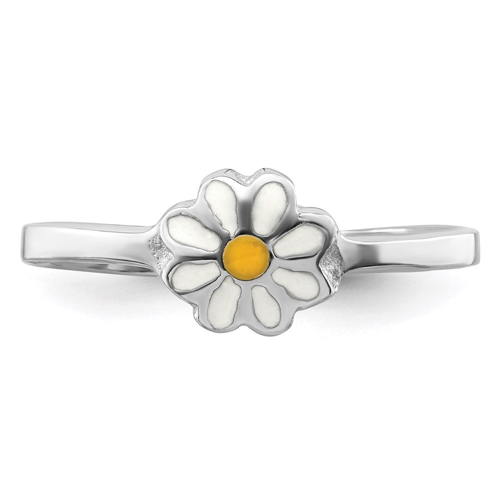 Sterling Silver RH-plated White & Yellow Enameled Daisy Ring