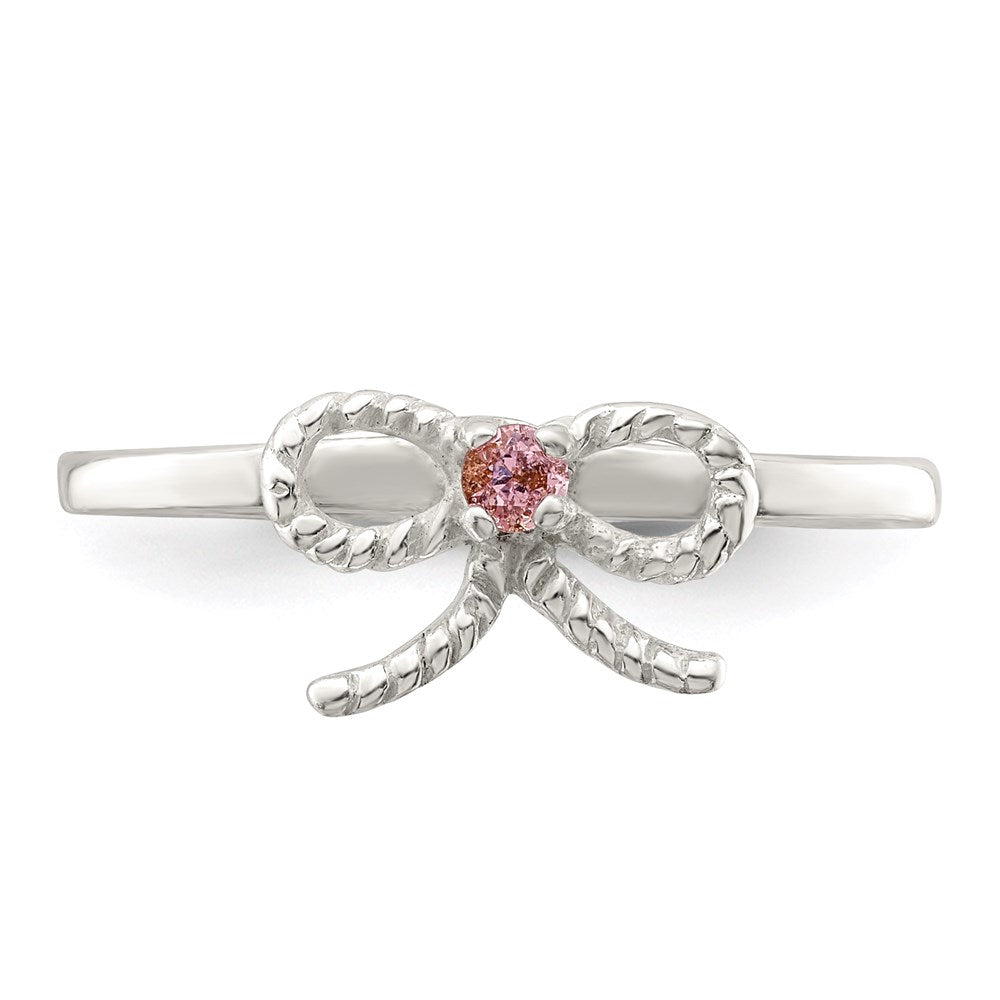 Sterling Silver Polished & Twisted Pink CZ Bow Ring