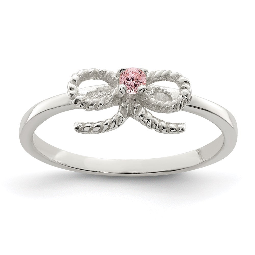 Sterling Silver Polished & Twisted Pink CZ Bow Ring