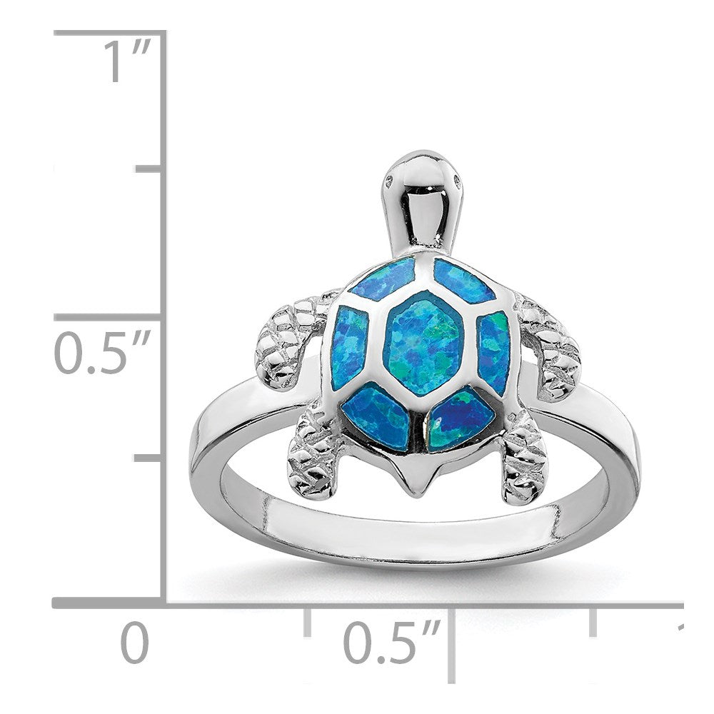 Sterling Silver Rhodium Created Blue Opal Turtle Ring