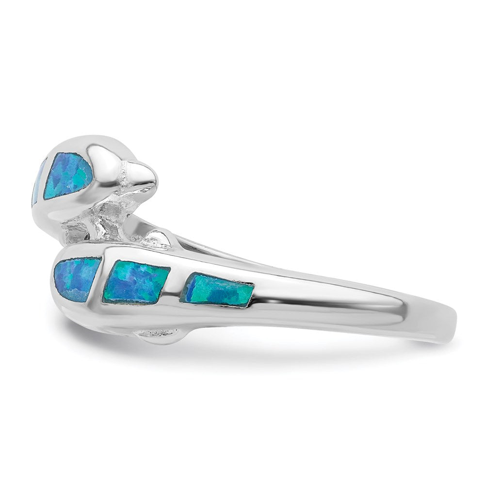 Sterling Silver Rhodium Created Blue Opal Dolphins Ring