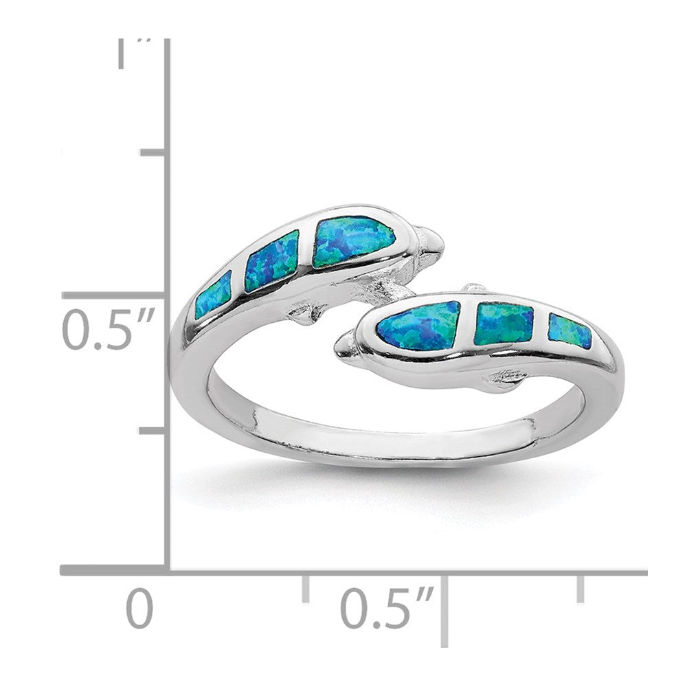 Sterling Silver Rhodium Created Blue Opal Dolphins Ring