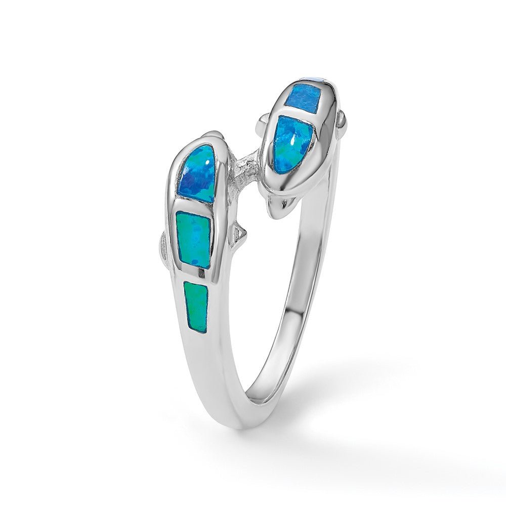 Sterling Silver Rhodium Created Blue Opal Dolphins Ring