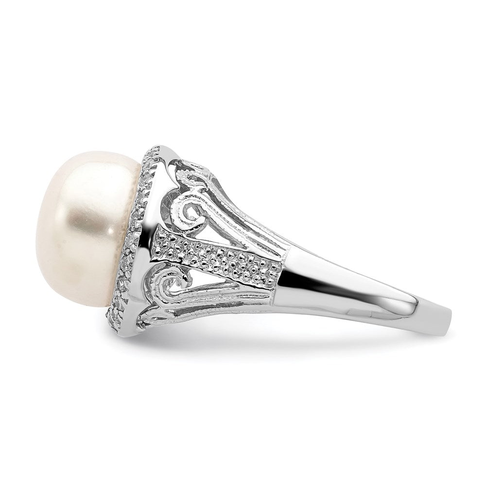 Sterling Silver Rhodium-plated 10-11mm White FWC Pearl and CZ Ring