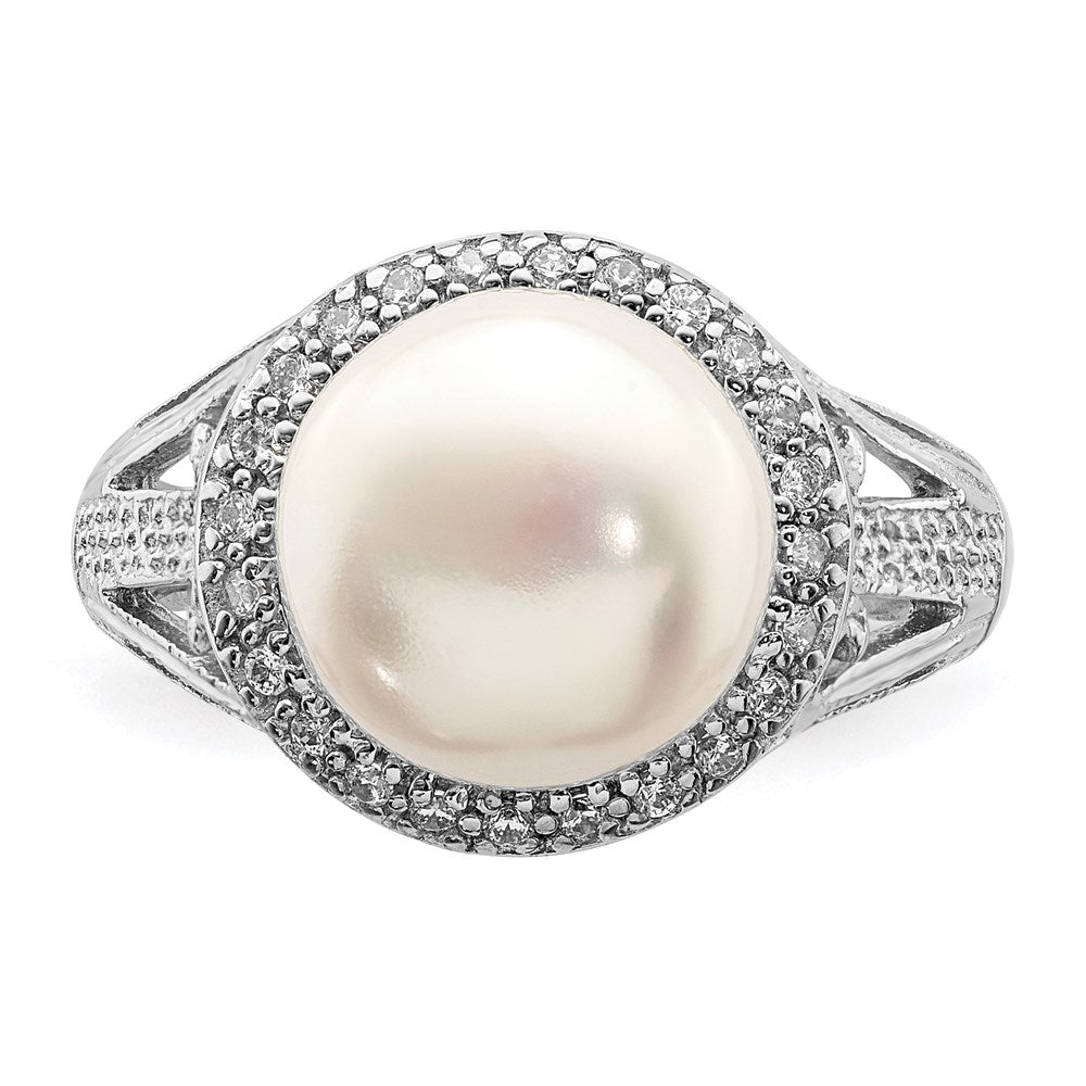 Sterling Silver Rhodium-plated 10-11mm White FWC Pearl and CZ Ring