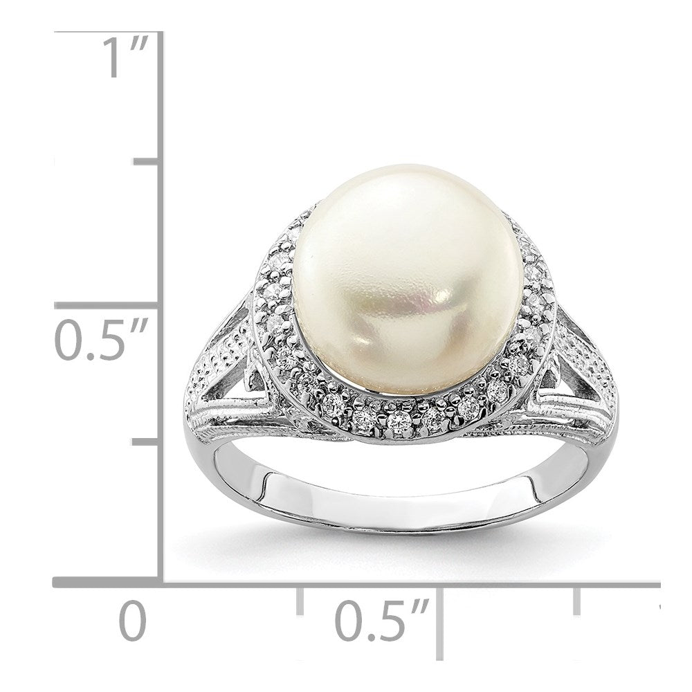Sterling Silver Rhodium-plated 10-11mm White FWC Pearl and CZ Ring