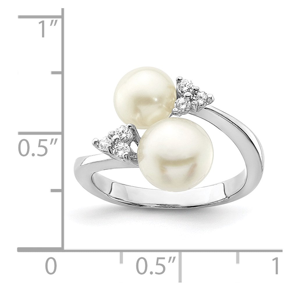 Sterling Silver Rhodium-plated 8-9mm White 2-FWC Pearl and CZ Ring