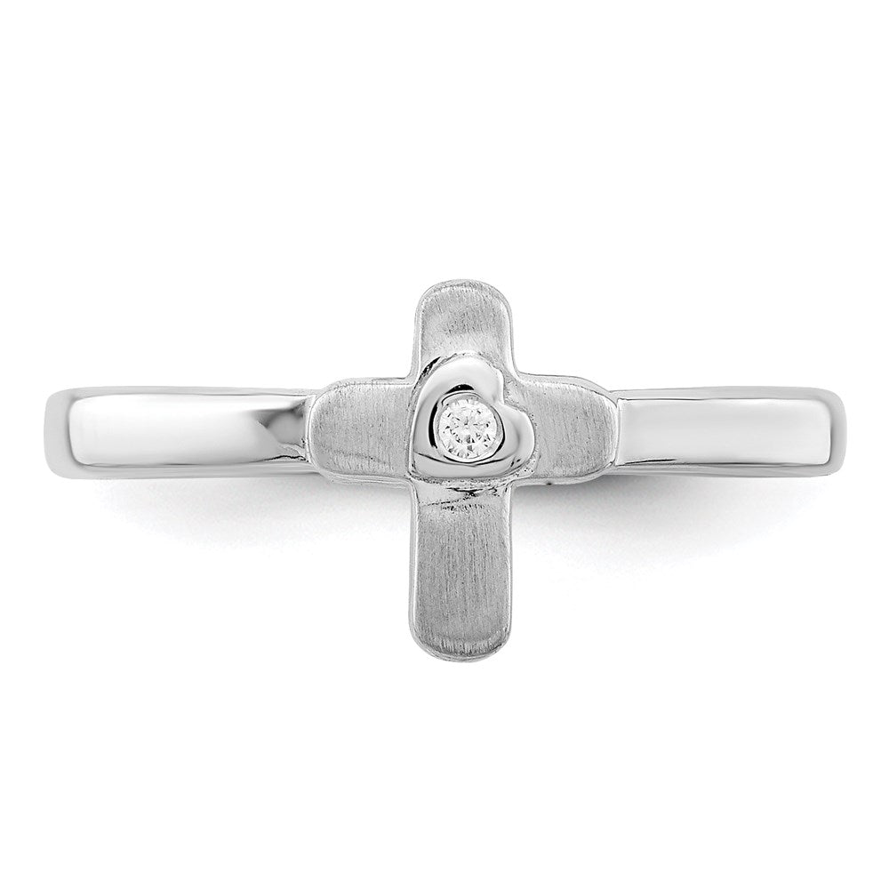 Sterling Silver Rhodium-plated Polished and Satin CZ Cross Ring