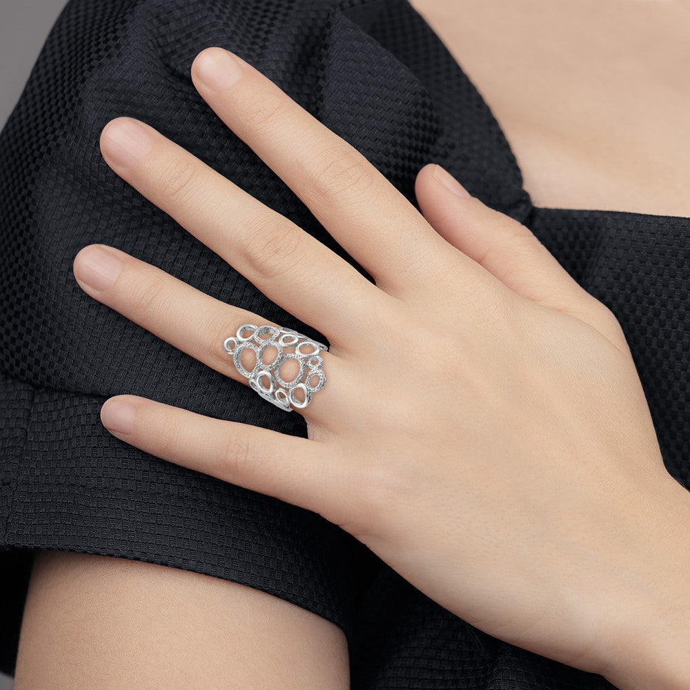 Sterling Silver Rhodium-plated Polished & Textured Circles Ring