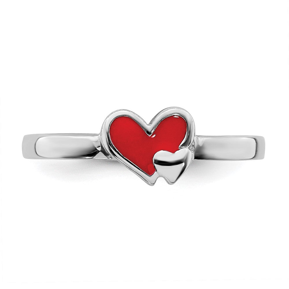 Sterling Silver RH-plated Red Enameled Double Heart Ring