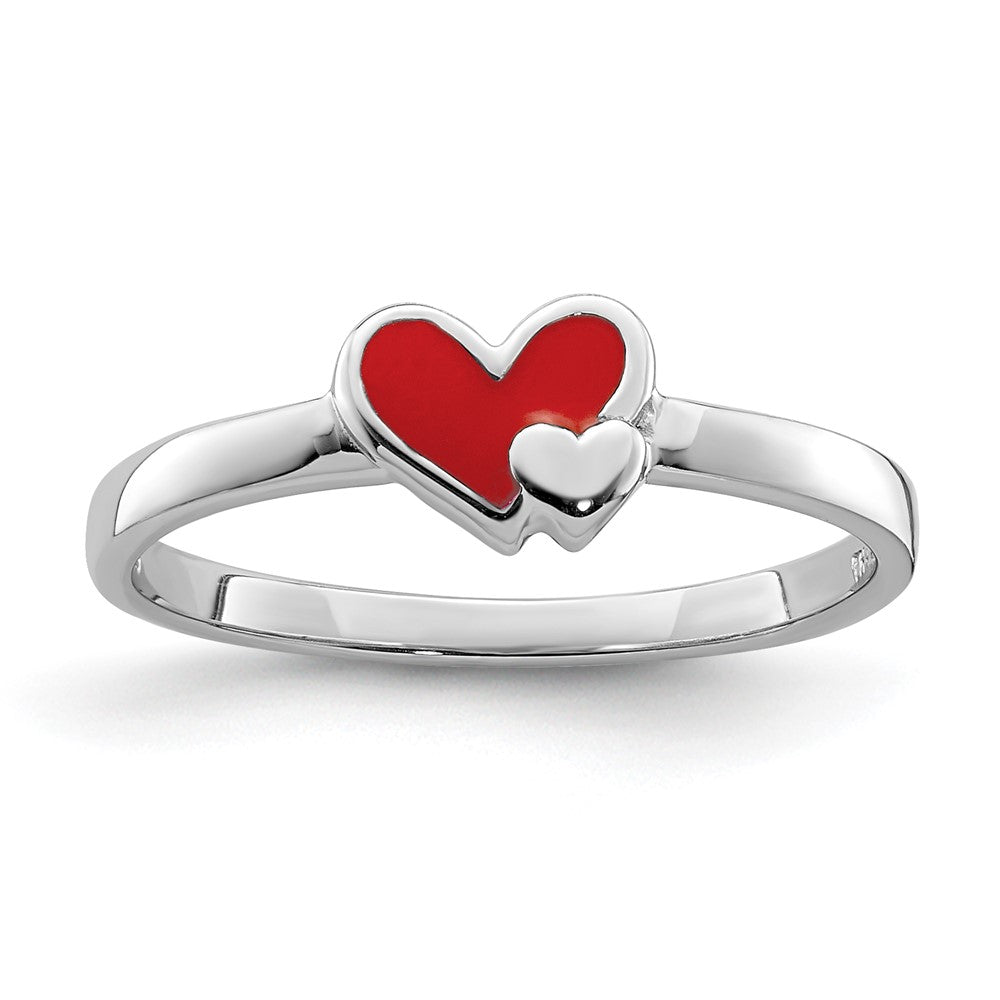 Sterling Silver RH-plated Red Enameled Double Heart Ring