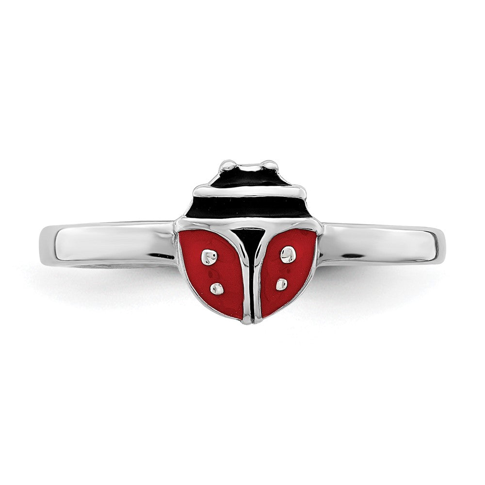 Sterling Silver Rhod-plated Polished & Enameled Ladybug Ring