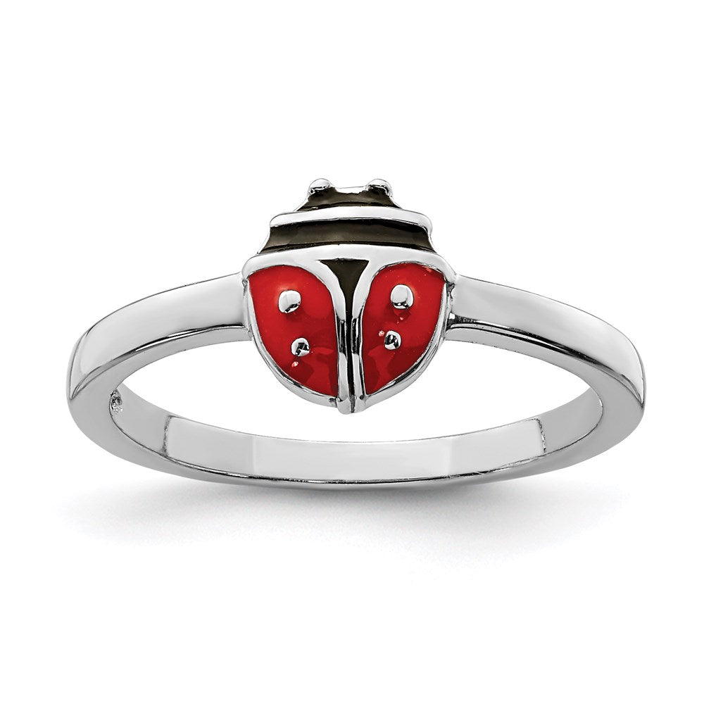 Sterling Silver Rhod-plated Polished & Enameled Ladybug Ring