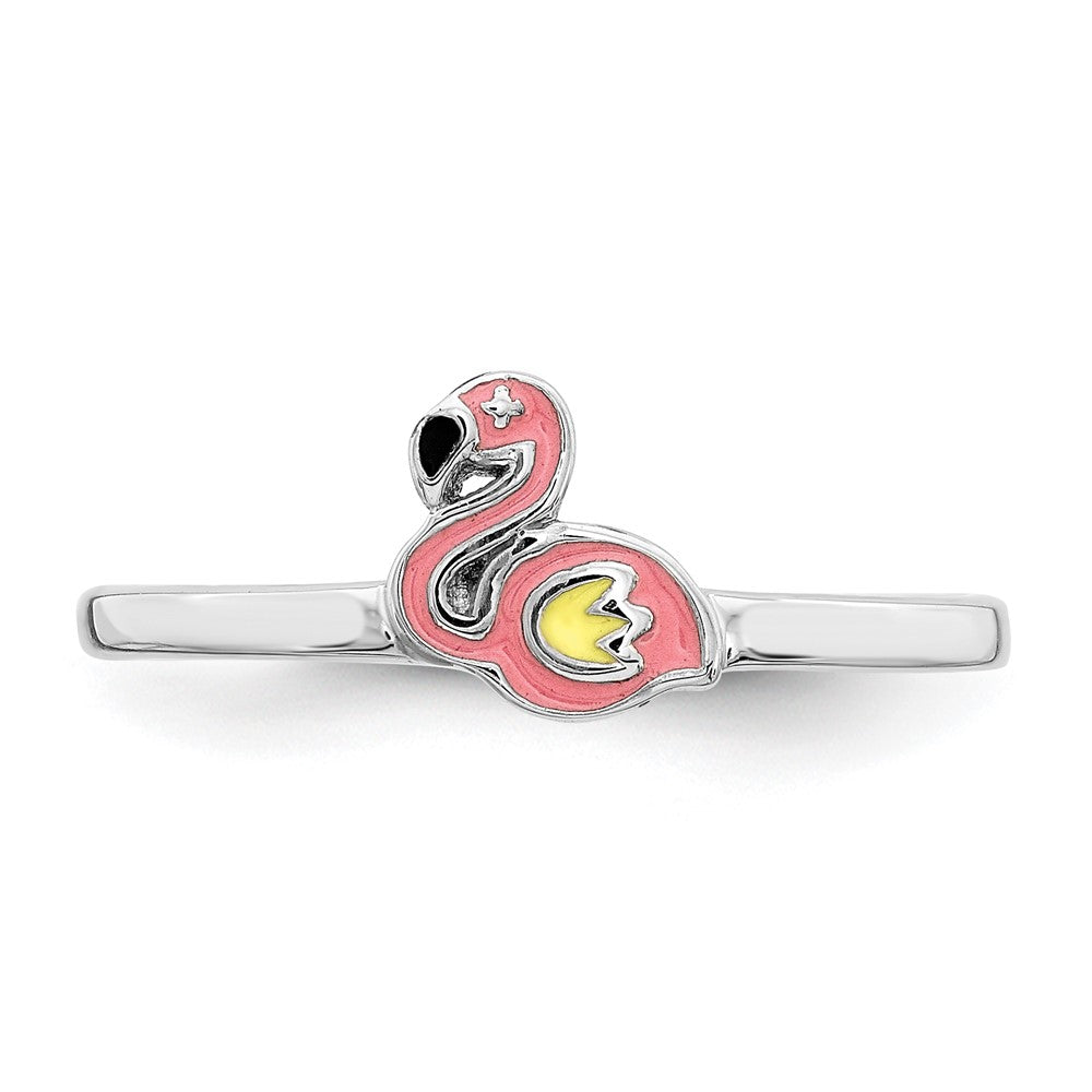 Sterling Silver RH-plated Multi-color Enameled Flamingo Ring