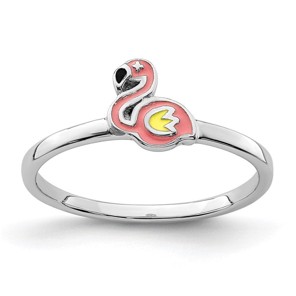 Sterling Silver RH-plated Multi-color Enameled Flamingo Ring