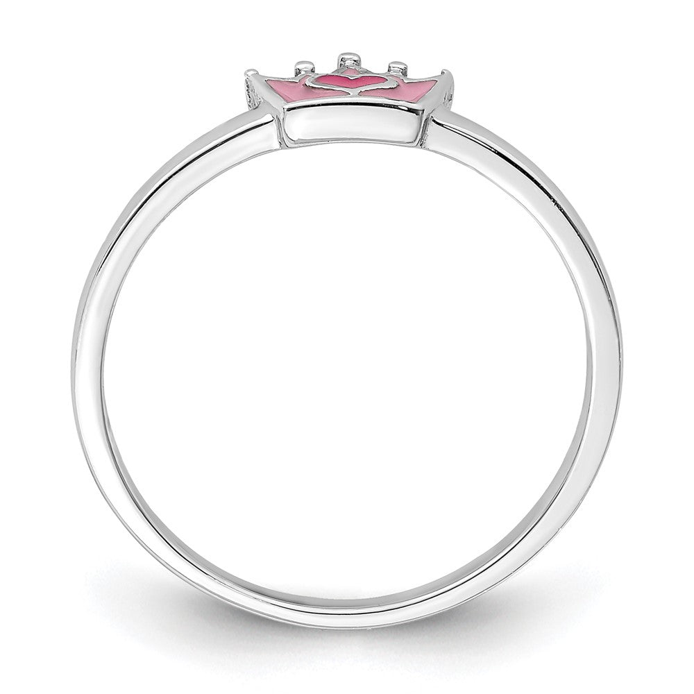 Sterling Silver Rhodium-plated Polished Pink Enamel Crown Ring