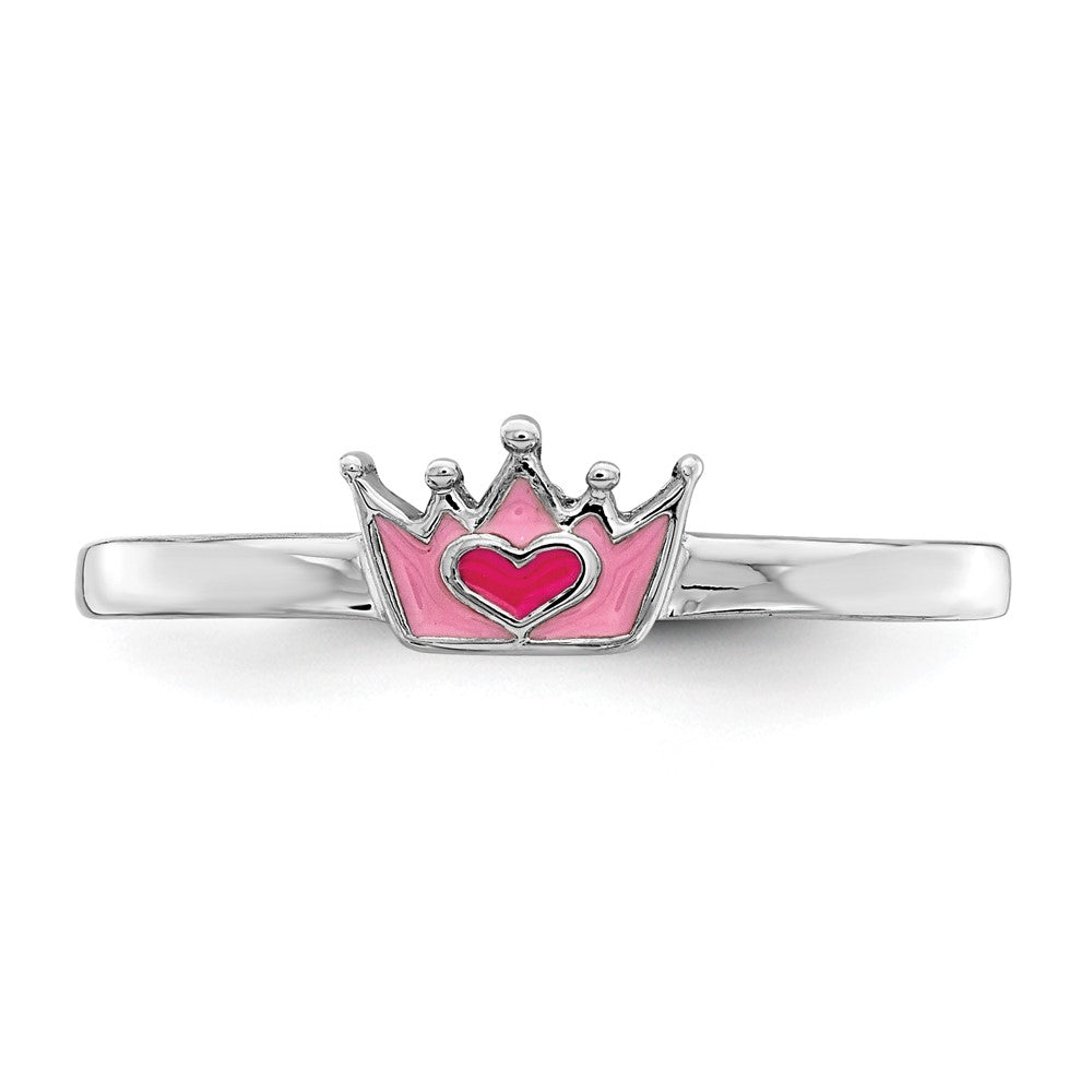 Sterling Silver Rhodium-plated Polished Pink Enamel Crown Ring