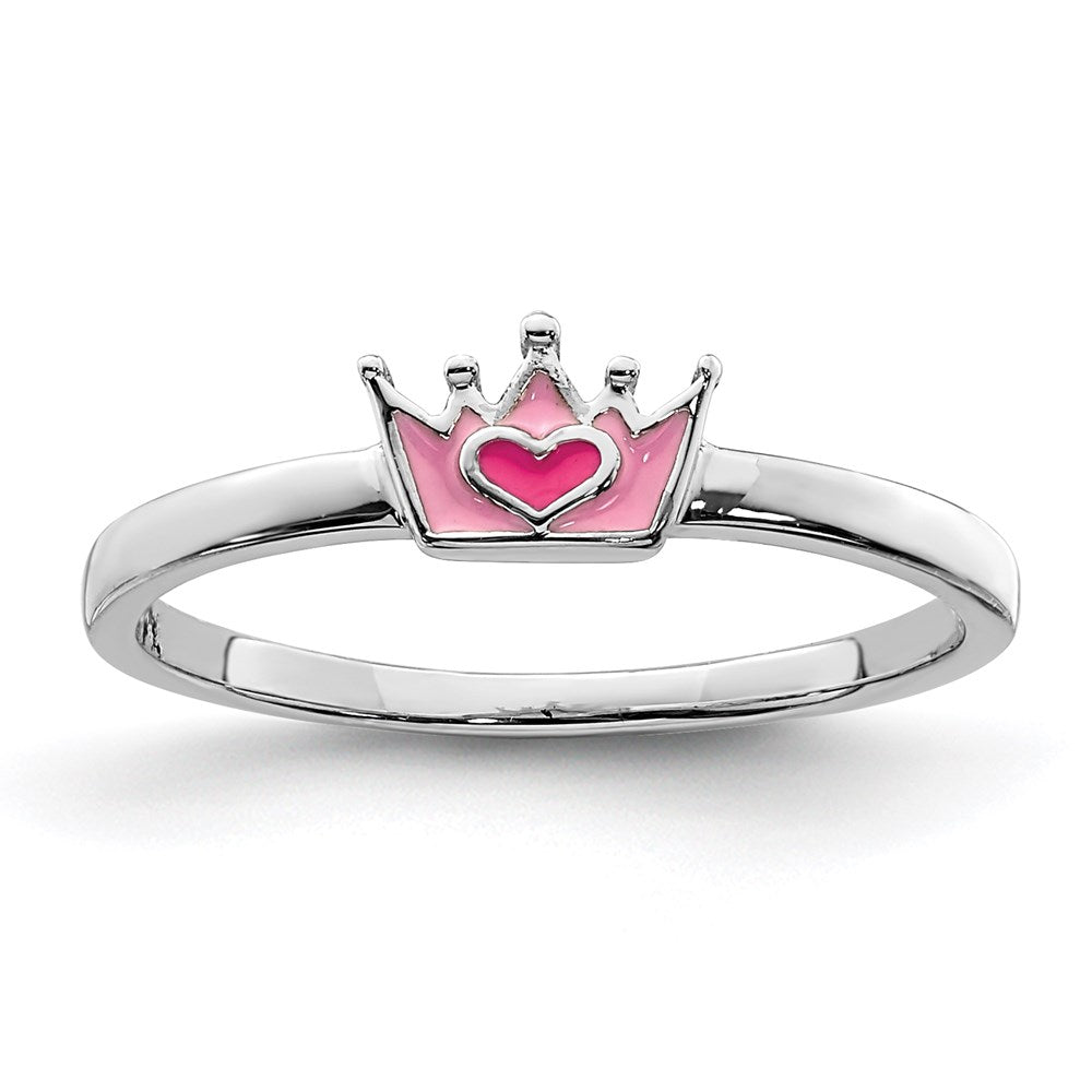 Sterling Silver Rhodium-plated Polished Pink Enamel Crown Ring