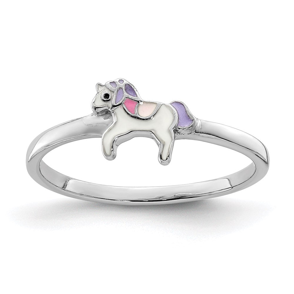 Sterling Silver RH-plated Multi-color Enameled Unicorn Ring