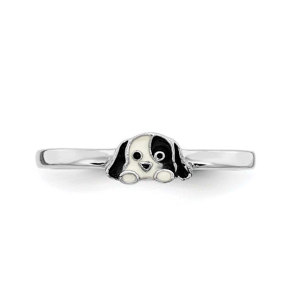 Sterling Silver RH-plated Black/White Enameled Puppy Ring