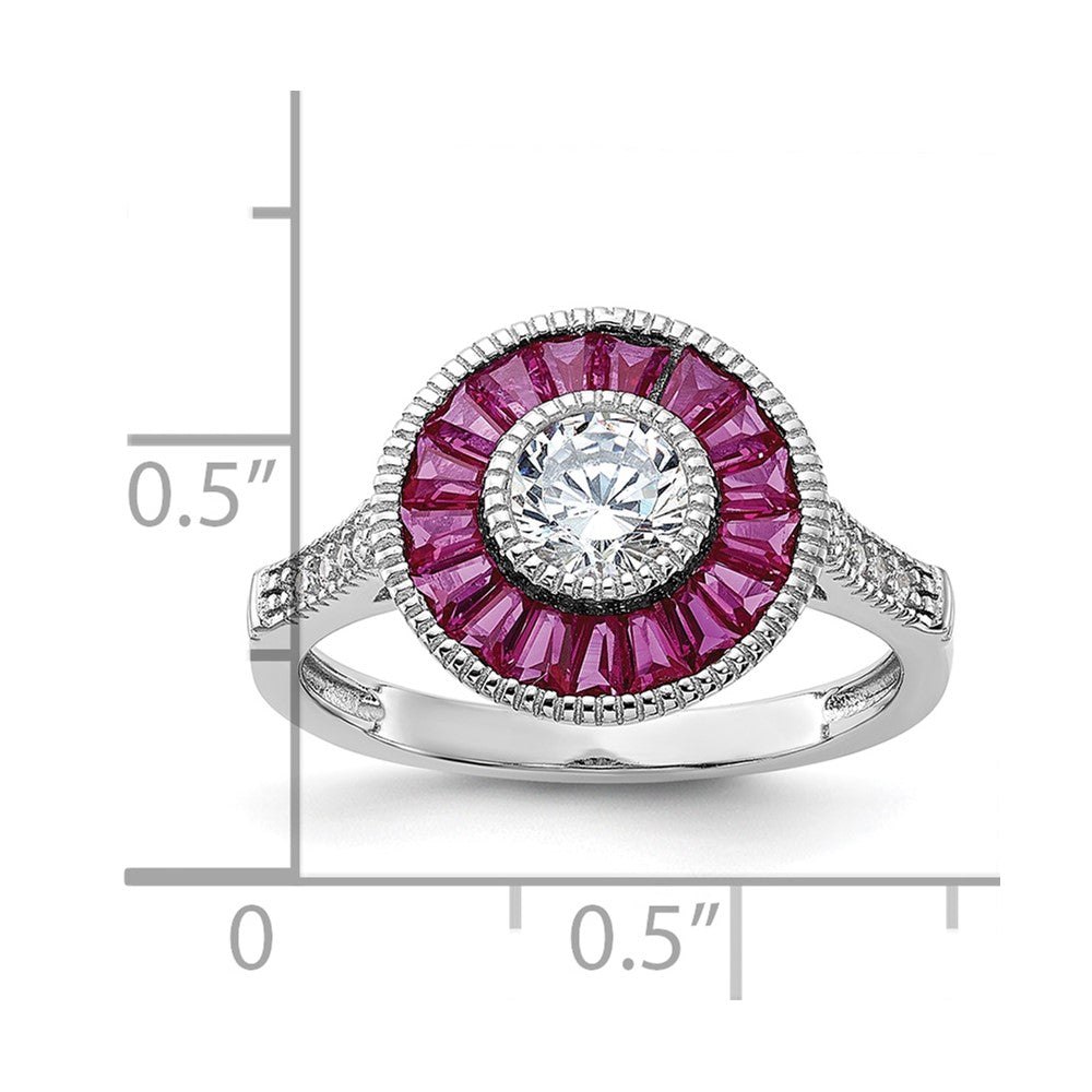 Sterling Silver Rhodium-plated Polished Created Ruby and CZ Ring