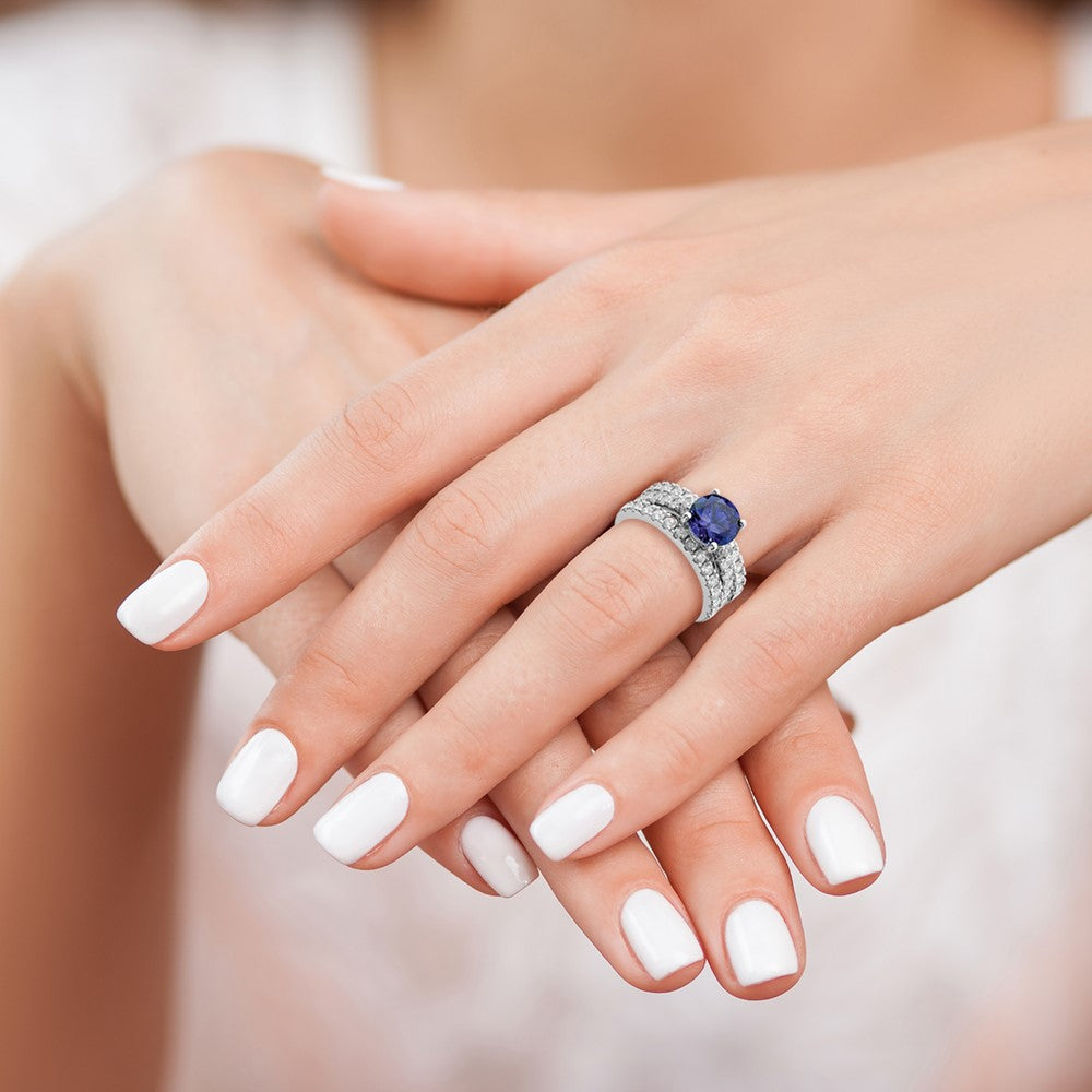 Sterling Silver Rhodium-plated 8mm Blue CZ Ring & 2 CZ Band Set