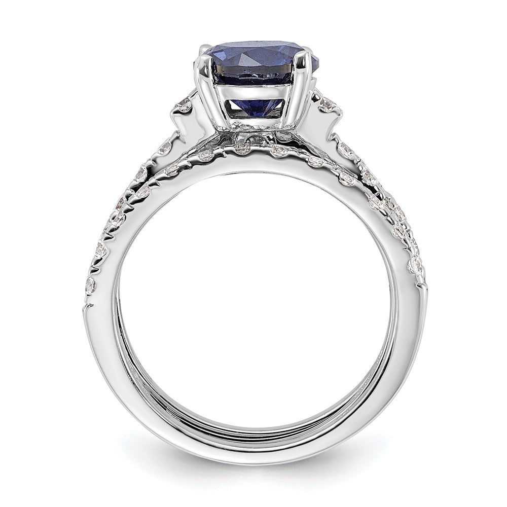 Sterling Silver Rhodium-plated 8mm Blue CZ Ring & 2 CZ Band Set