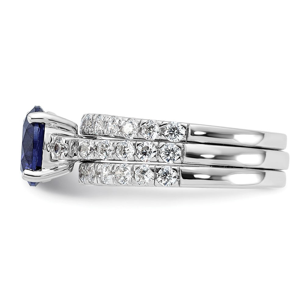 Sterling Silver Rhodium-plated 8mm Blue CZ Ring & 2 CZ Band Set