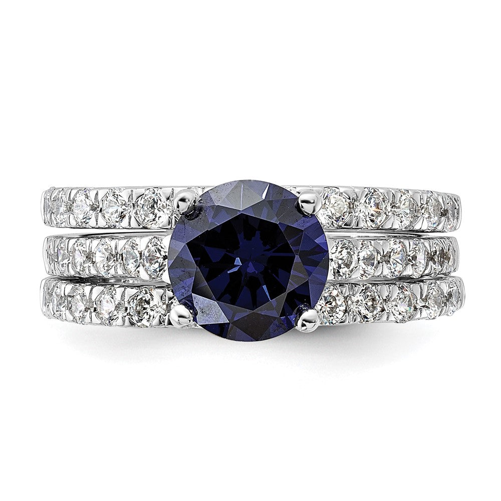 Sterling Silver Rhodium-plated 8mm Blue CZ Ring & 2 CZ Band Set