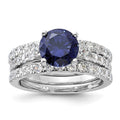Sterling Silver Rhodium-plated 8mm Blue CZ Ring & 2 CZ Band Set