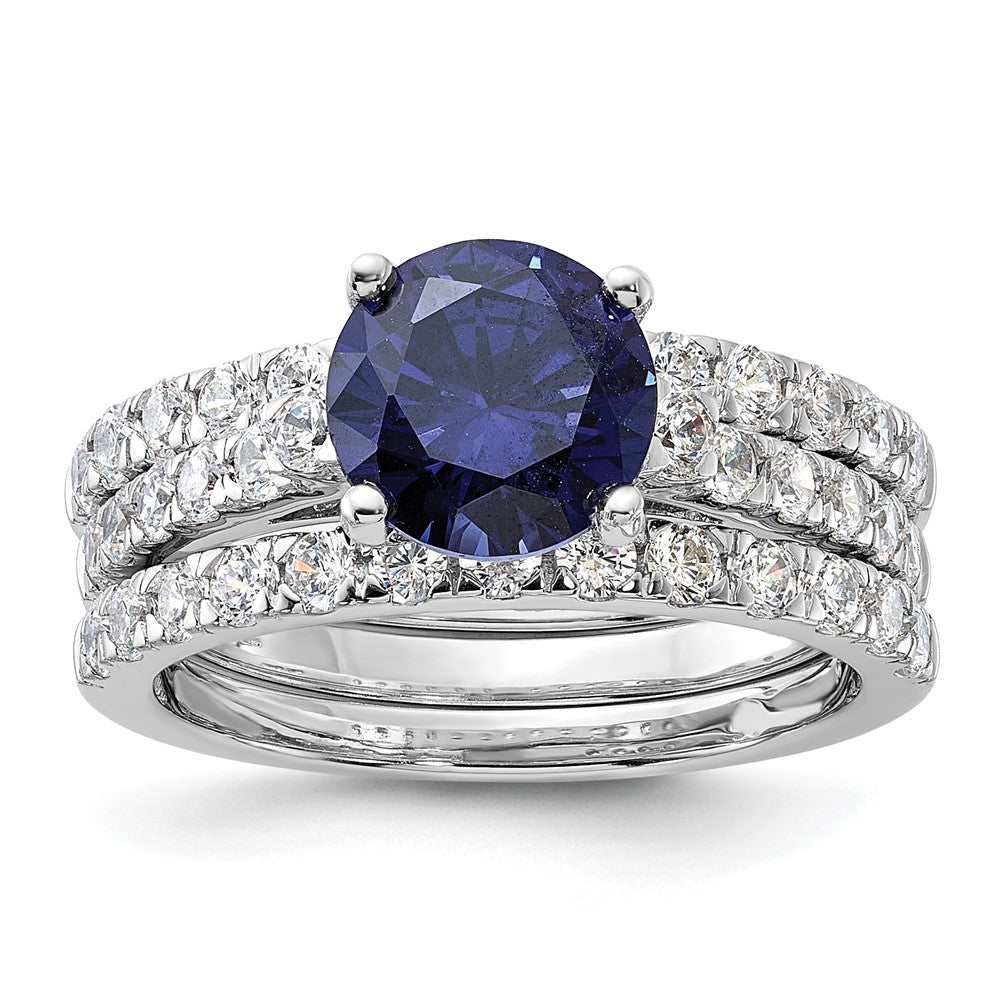 Sterling Silver Rhodium-plated 8mm Blue CZ Ring & 2 CZ Band Set