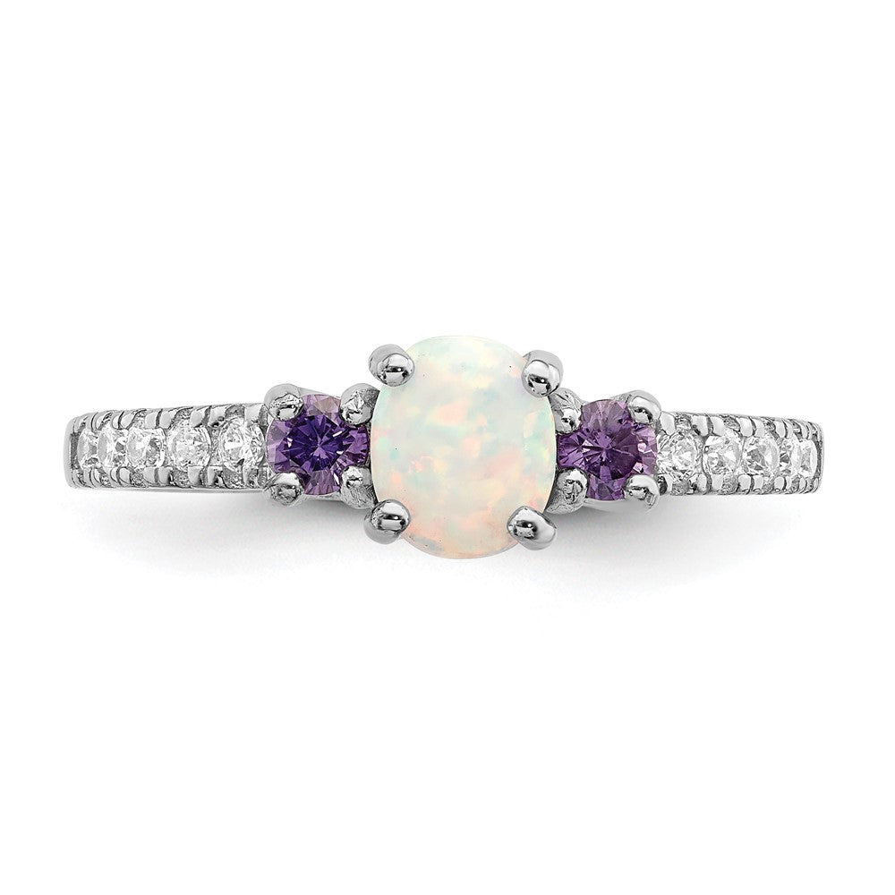 Sterling Silver Rhodium-plated Lab Created Opal and CZ Ring