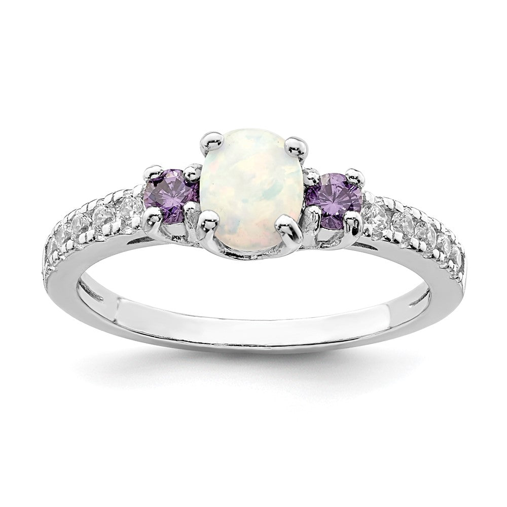 Sterling Silver Rhodium-plated Lab Created Opal and CZ Ring