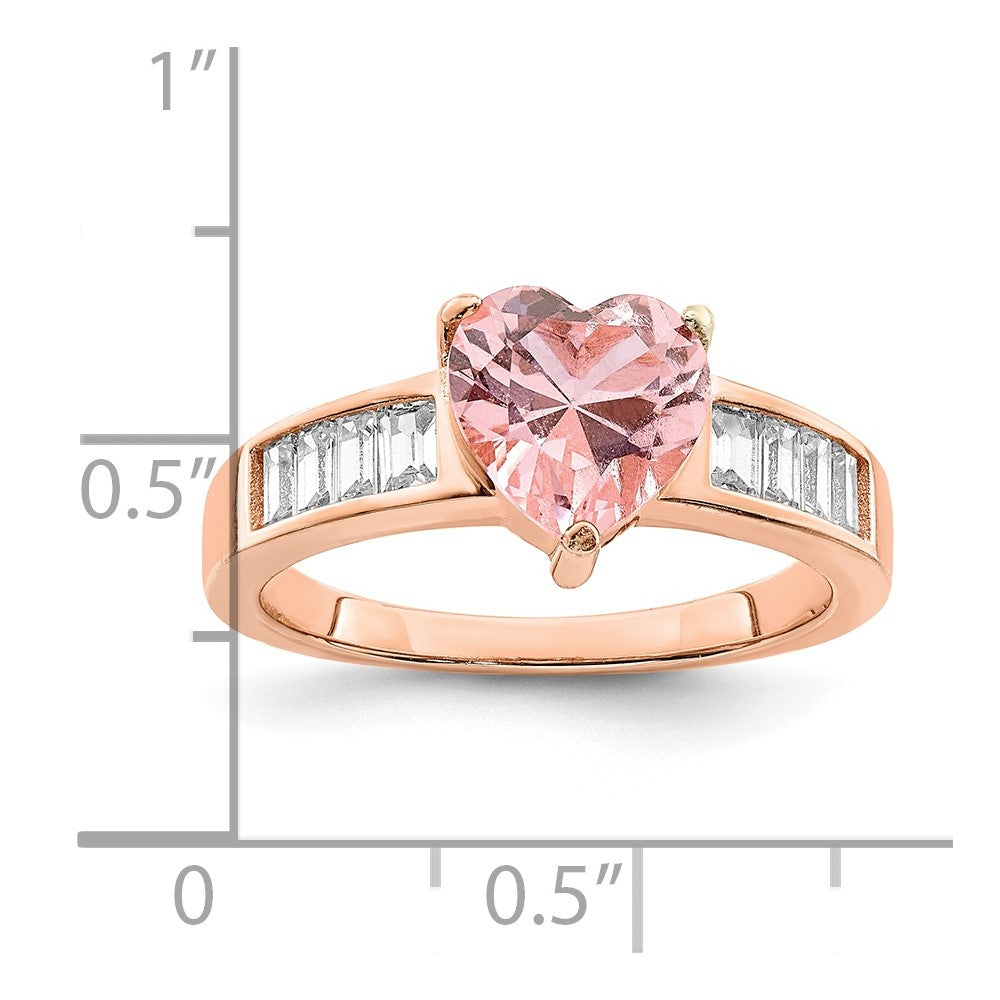 Sterling Silver Rose-plated Crystal Heart and White CZ Baguette Ring