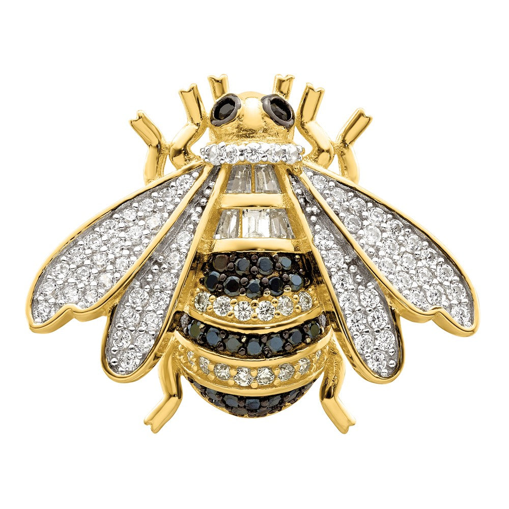 Sterling Silver Blk/White RH-plated Gold-tone CZ Bumblebee Ring