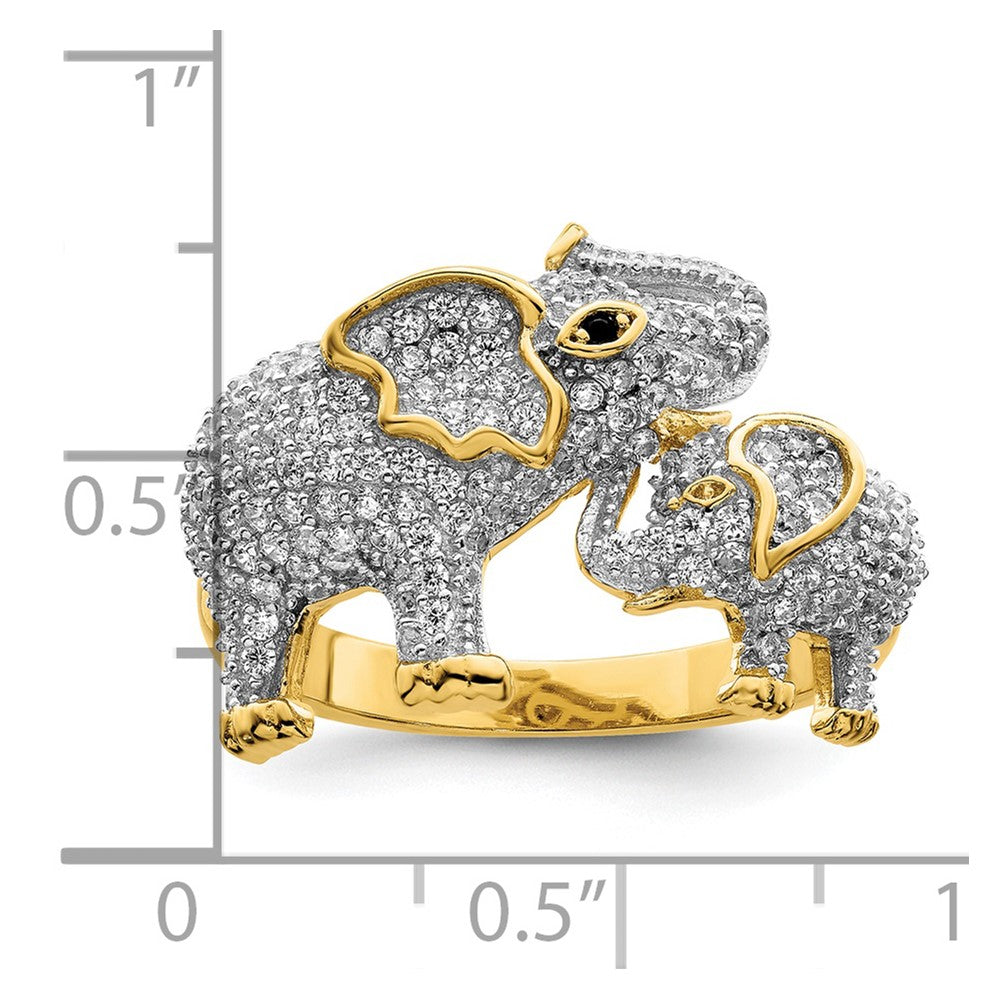 Sterling Silver Rhodium-plated Gold-tone Mom & Baby CZ Elephants Ring