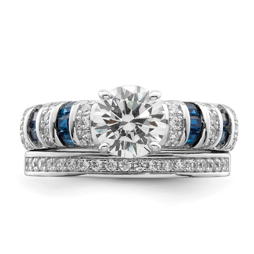 Sterling Silver Rh-plated Polished Blue & White CZ Engagement & Band Ring