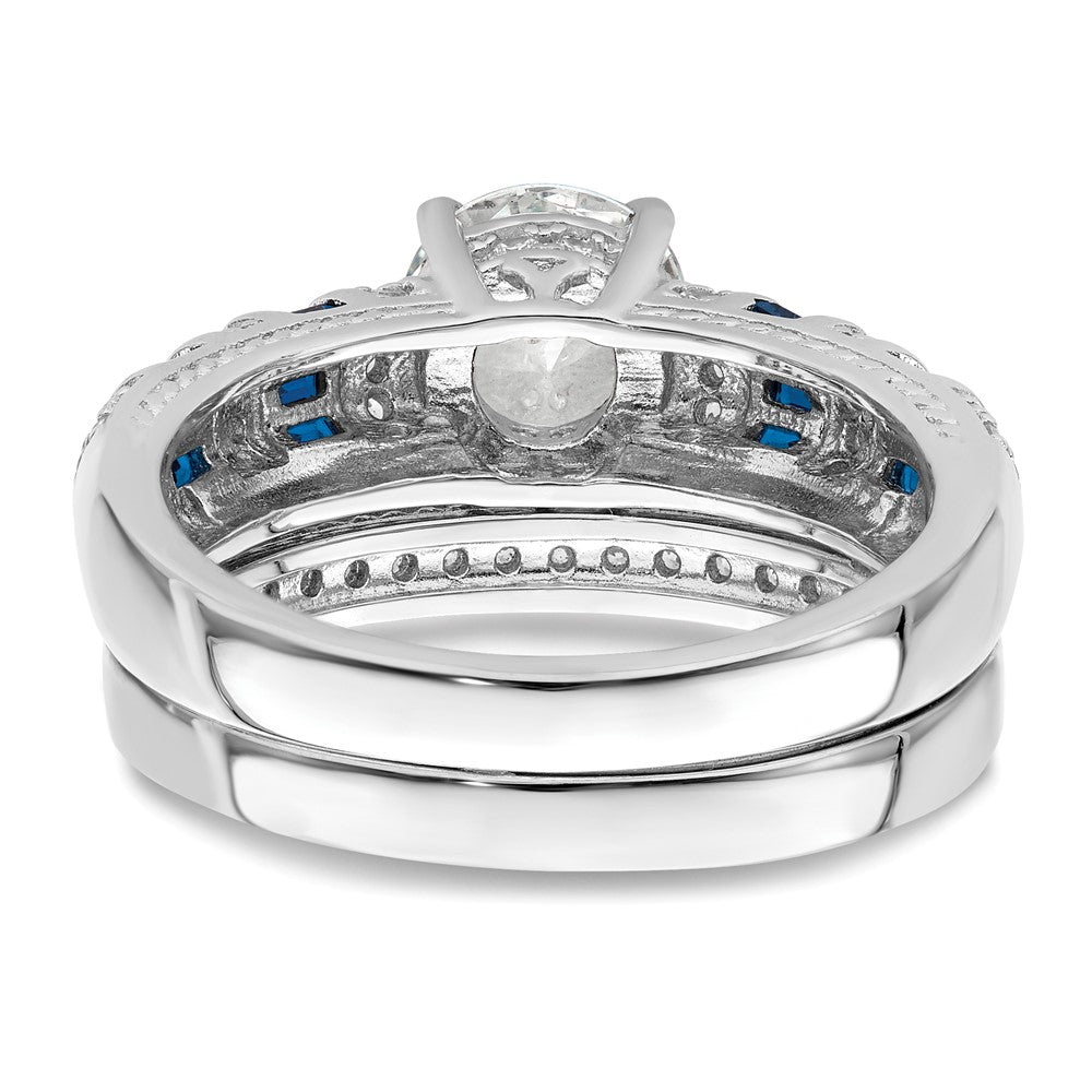 Sterling Silver Rh-plated Polished Blue & White CZ Engagement & Band Ring