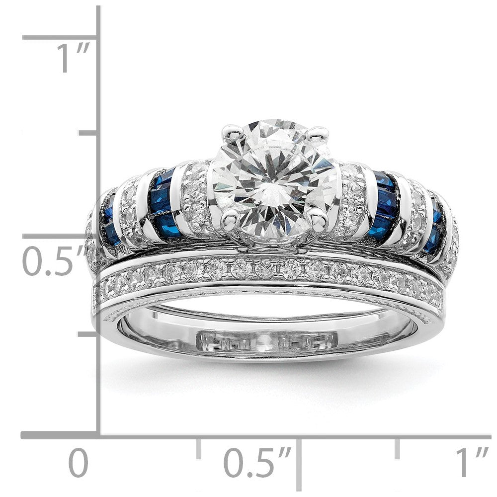 Sterling Silver Rh-plated Polished Blue & White CZ Engagement & Band Ring