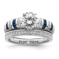 Sterling Silver Rh-plated Polished Blue & White CZ Engagement & Band Ring