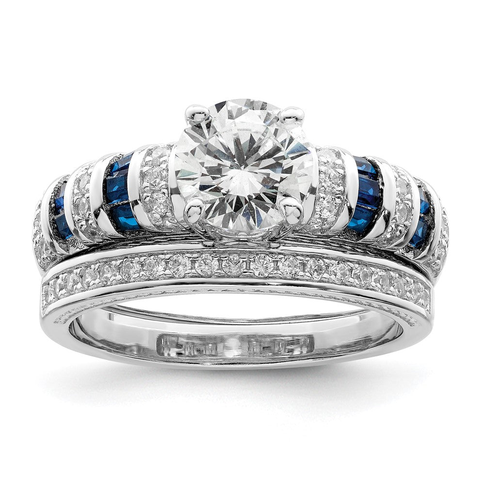Sterling Silver Rh-plated Polished Blue & White CZ Engagement & Band Ring