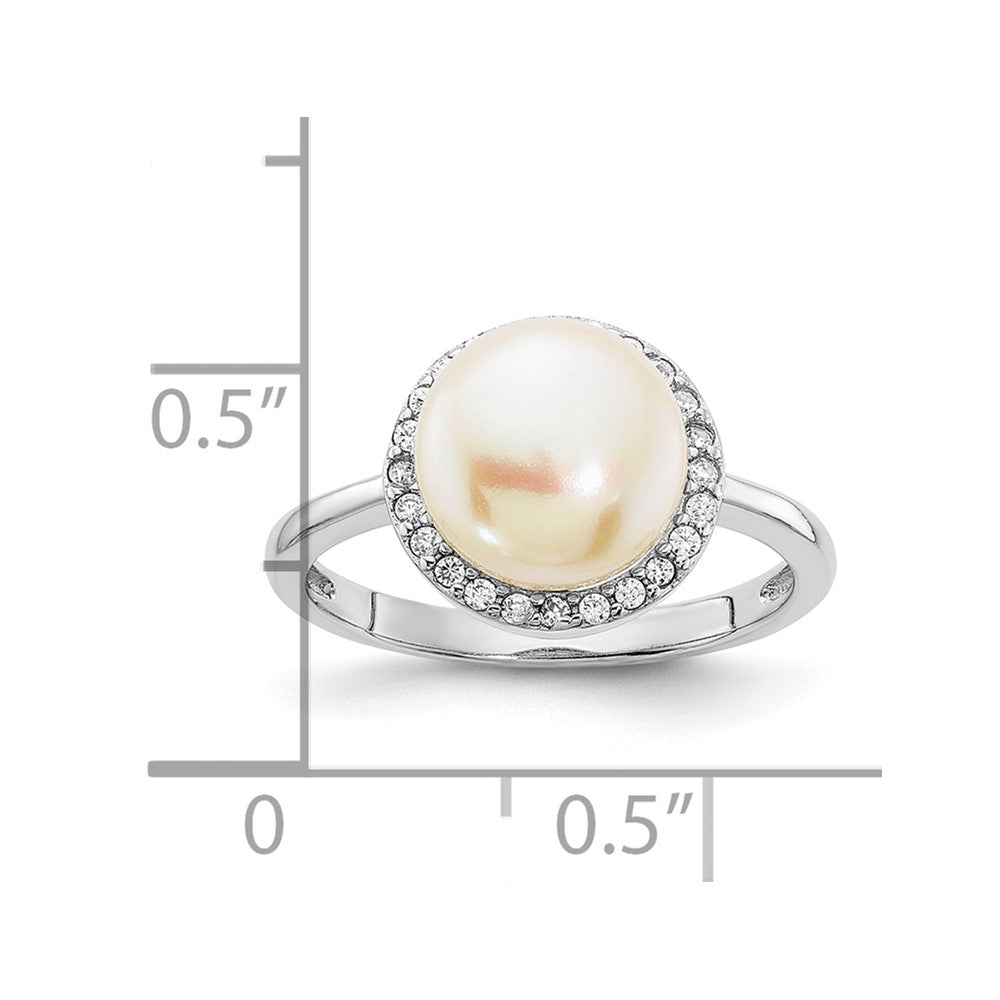 Sterling Silver Rhod-plated CZ 9-10mm Button White FWC Pearl Ring