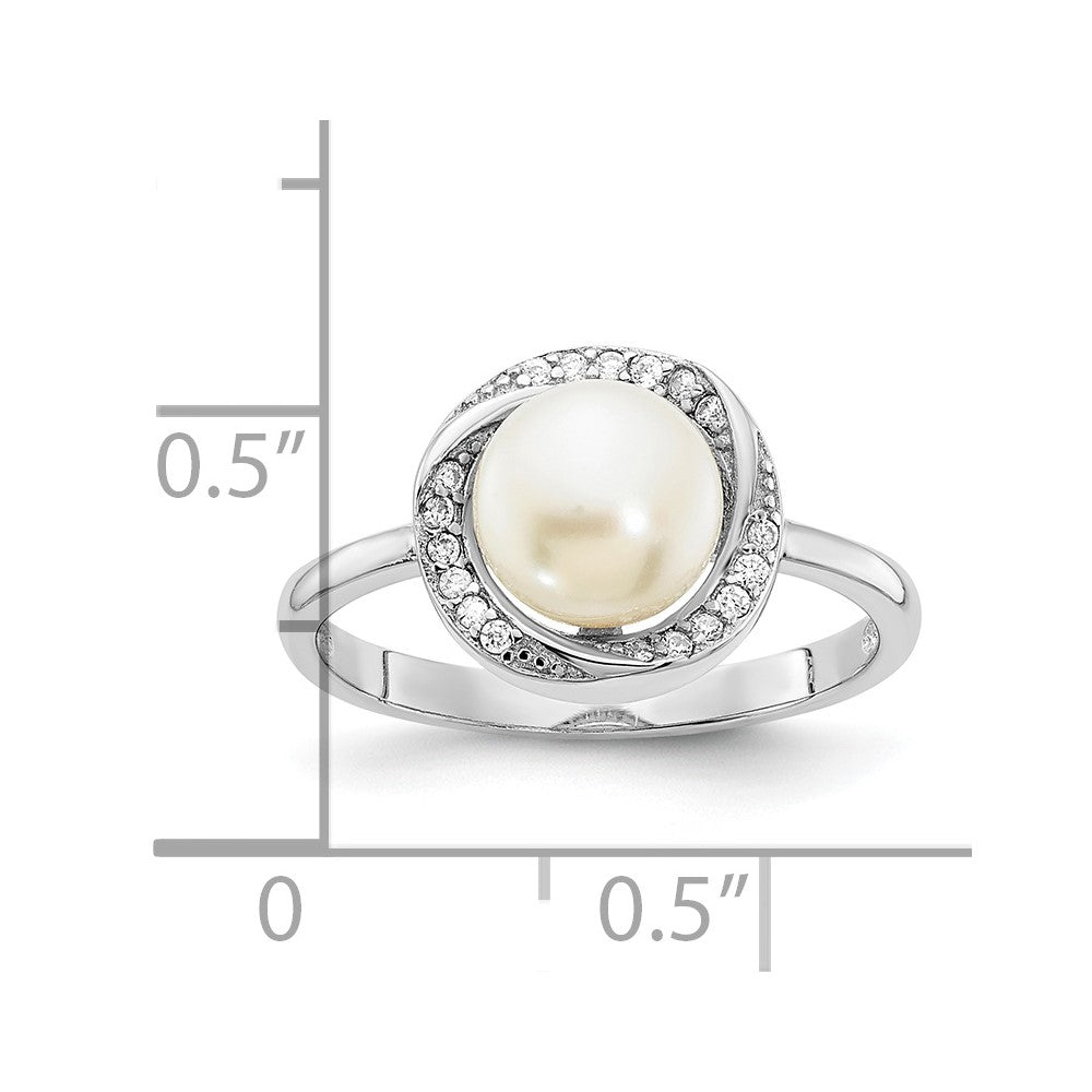 Sterling Silver Rhod-plated CZ 7-8mm Button White FWC Pearl Ring