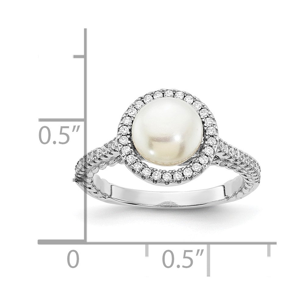 Sterling Silver Rhod-plated CZ 7-8mm Button White FWC Pearl Ring