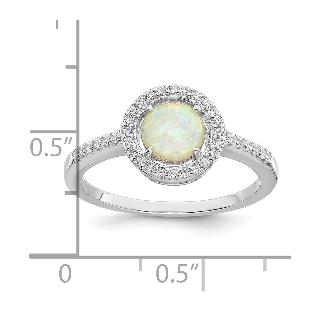 Sterling Silver Rhodium-plated Polished White Created Opal CZ Halo Ring