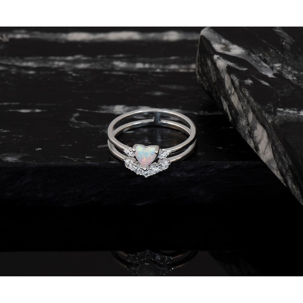 Sterling Silver CZ & Heart Created White Opal Double Band Ring